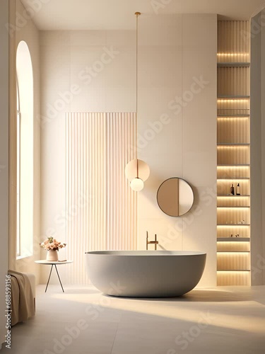 sleek grey marble bathroom with LED lighting, vanity, and freestanding tub