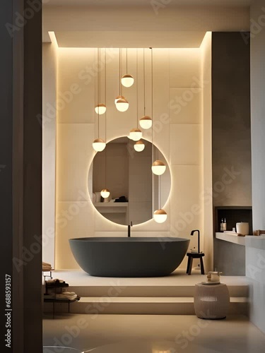 sleek grey marble bathroom with LED lighting, vanity, and freestanding tub