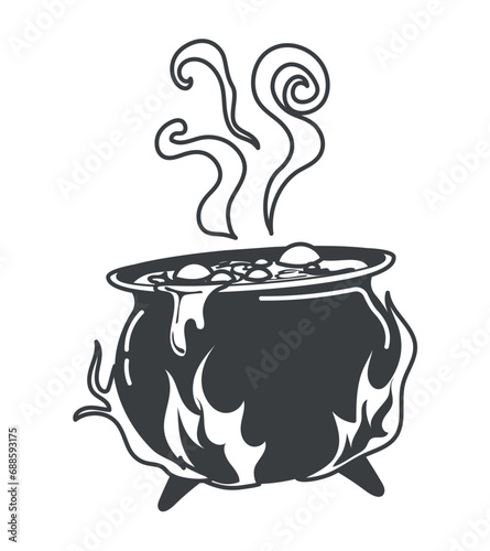 Halloween element of black line set. With a Halloween theme and striking black outlines, this witch's cauldron piece adds a spooky touch to the scene. Vector illustration.