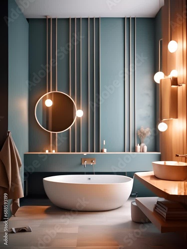 sleek grey marble bathroom with LED lighting, vanity, and freestanding tub