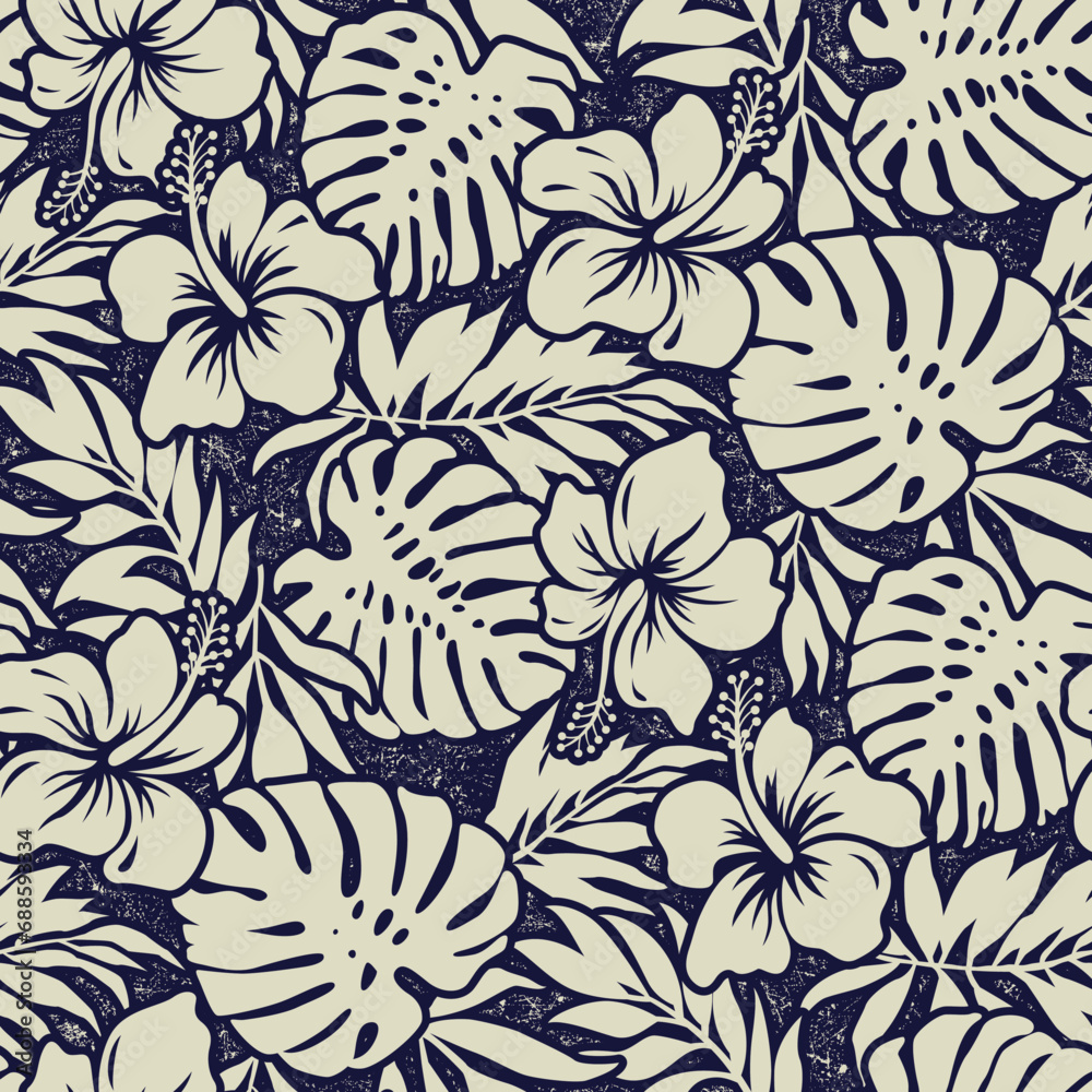 Blue hibiscus flowers with tropical leaves wallpaper vintage vector seamless pattern  - obrazy, fototapety, plakaty 
