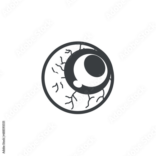 Halloween element of black line set. A scary glass eye with all the anatomical capillaries adds an eerie mood to the black and white picture. Vector illustration.