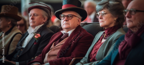 Entertainment show, costumed judges, commentators, or early 1900s Europe people In theater.