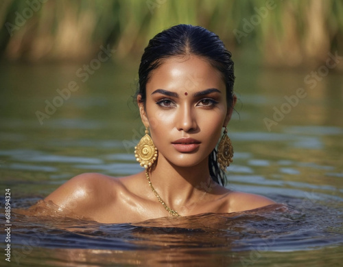 Beautiful ethnic woman model in native dress in water on blurred background