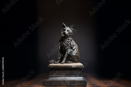 sculpture en bronze noir d'un chat sur son socle de marbre blanc et marbre noir dans un muséum. Fond noir avec espace négatif pour texte copyspace