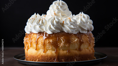 Cake with whipped cream decoration close-up isolated on a black background