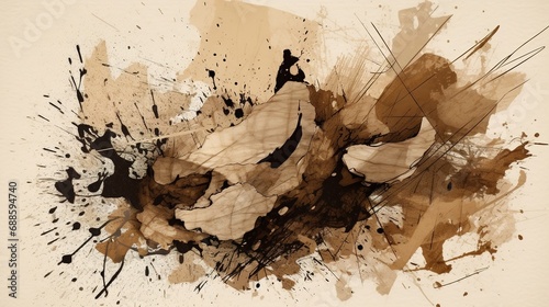 Generative AI, Beige brown black watercolor ink abstract painted background. Ink street graffiti art on a textured paper vintage background, washes and brush strokes..	
 photo