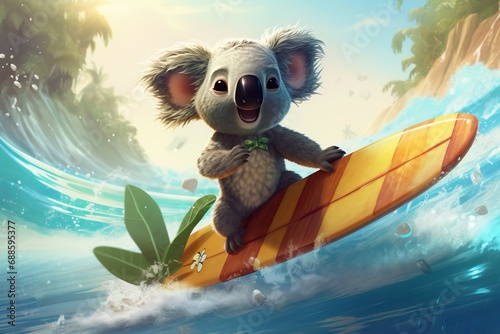 Koala on surfboard digital art. Cute grey fluffy animal surfer catching the wave. Generate ai photo