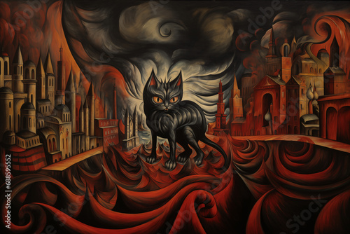 Concept de l'enfer, monstre noir ressemblant à un chat avec une queue fourchue dans les flammes dans une ville noire et sordide. Tableau médiéval type danse macabre, spécialité du sud de la France photo