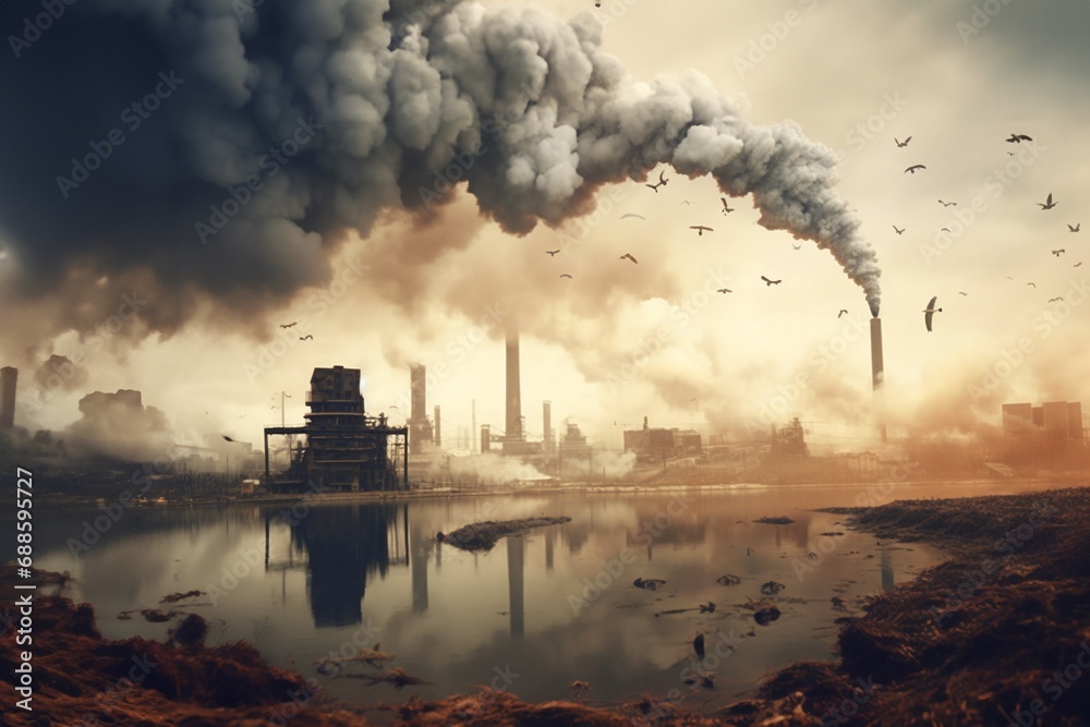 Fototapeta premium Industry development as reason of air pollution and smog emission, ecological problem. Generative AI