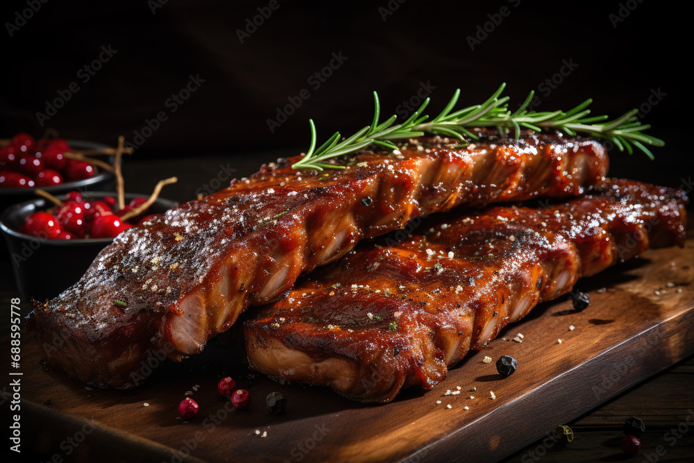 Closeup of pork ribs grilled with BBQ sauce and caramelized in honey on a wooden Board for filing on a dark concrete background