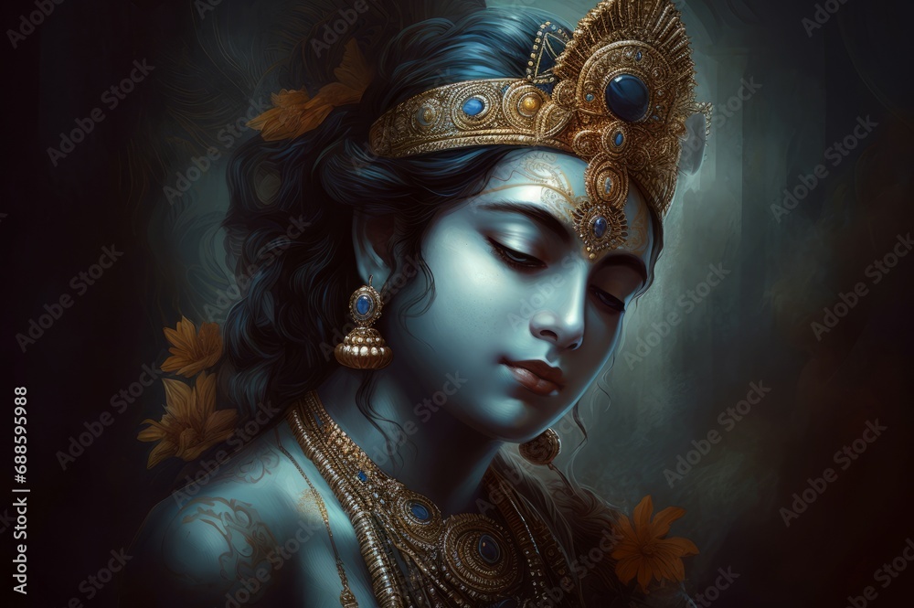Indian Krishna god portrait. Hinduism traditional religion holy devotion lord. Generate ai - obrazy, fototapety, plakaty 