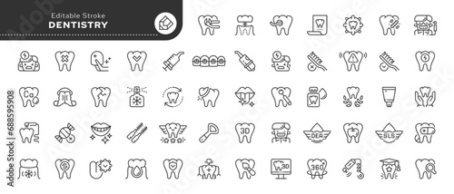Set of line icons in linear style. Series - Dentistry and healthy teeth. Dental supplies, dental and oral care. Outline icon collection. Conceptual pictogram and infographic.