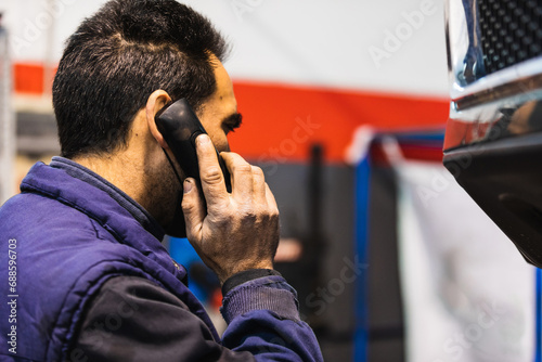 Mechanic talking on a mobile phone in his workshop.