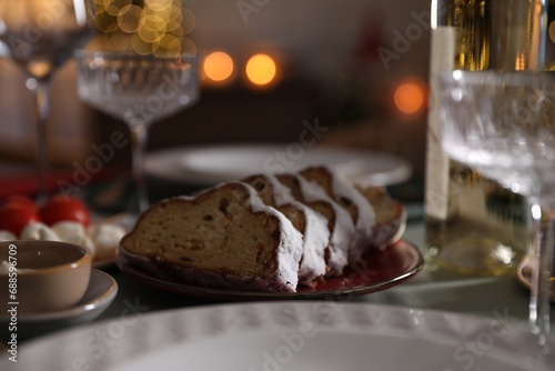 Christmas bread served on table, closeup view
