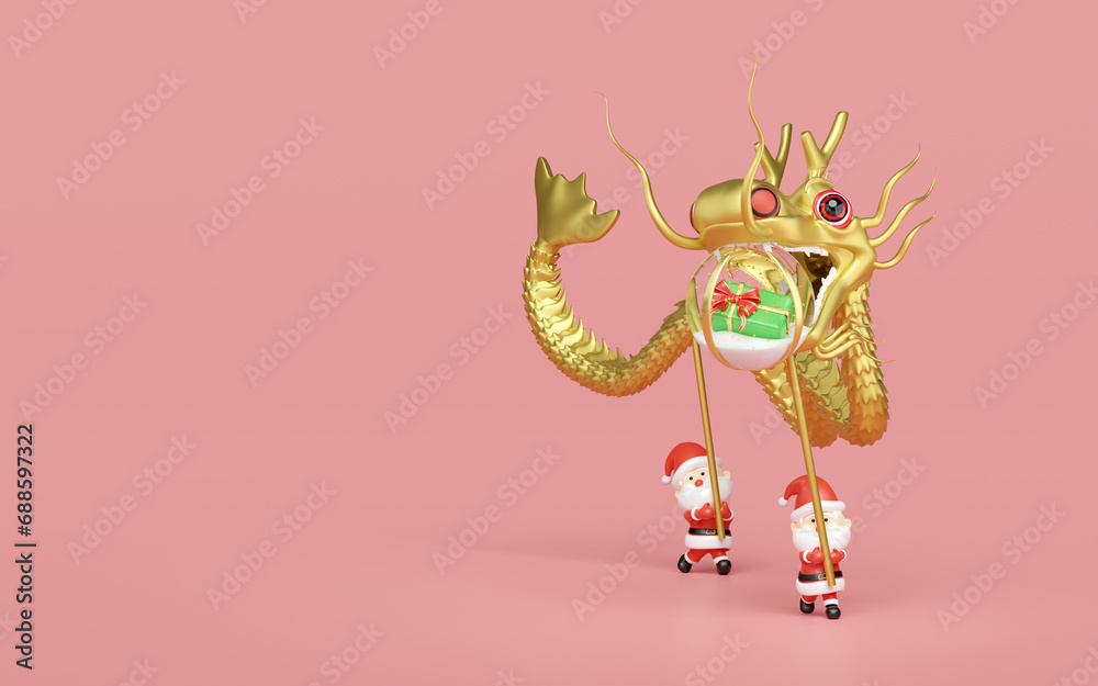 3d gold Chinese Dragon Dance with santa claus, decorative snow globe glass transparent, gift box, hat. merry christmas and happy new year, 3d render illustration