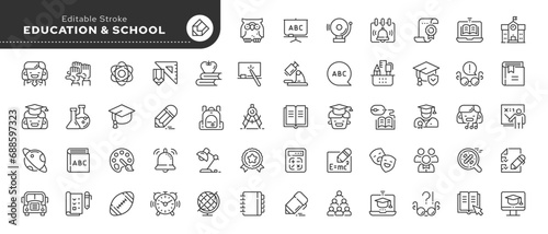 Set of line icons in linear style. Series - Education, school, university studies, knowledge,learning, student and teacher. Outline icon collection. Conceptual pictogram and infographic.