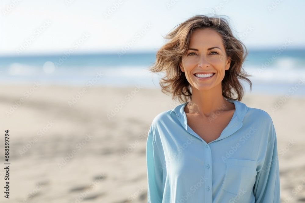 Middle aged smiling woman wearing blue shirt posing on the beach Middle aged smiling woman wearing blue shirt posing on the beach