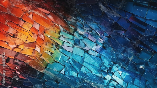 Distressed glass, Glitch noise overlay, Damaged screen, Blue orange rainbow color light flare