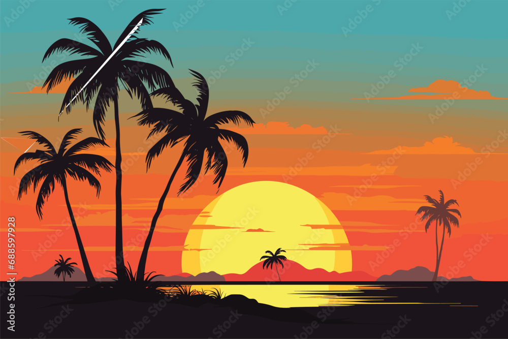 Tropical sunset with palm tree silhouette panorama, Beautiful sunset landscape sea beach and tree, sunset & tree on colorful background, vector illustration