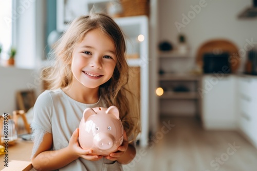 Little girl with piggy bank and money at home photo