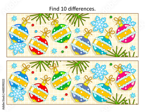 Difference game with winter holidays baubles, ornaments. Find 10 differences picture puzzle. 