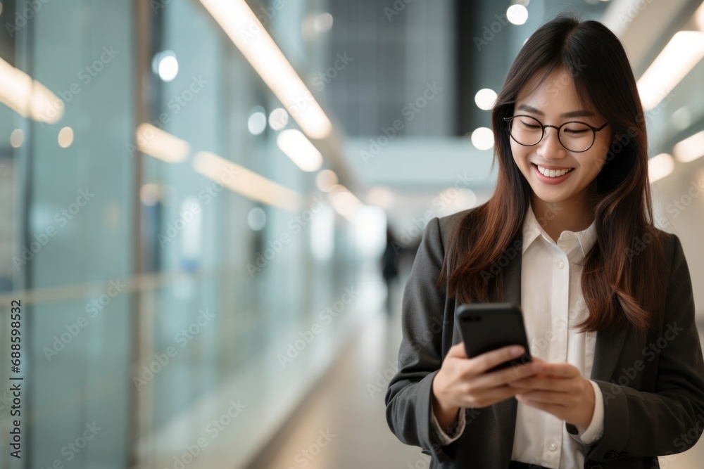 Asian businesswoman in formal suit in office happy and cheerful during using smartphone and working Asian businesswoman in formal suit in office happy and cheerful during using smartphone and working