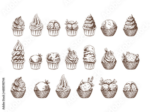 Hand-drawn sketch of ice cream balls, frozen yoghurt or cupcakes in ceramic cups and waffle baskets. Set. Vintage illustration. Elements for labels, packaging and postcards. Sweet food..
