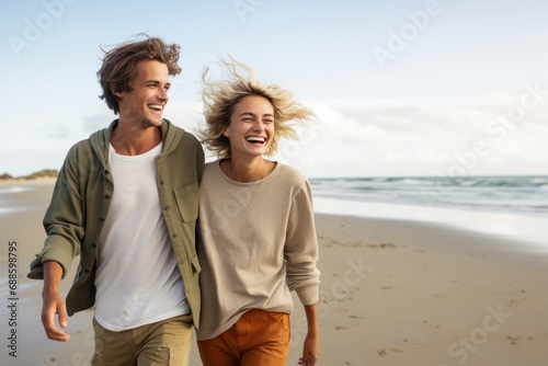Young happy casual couple walking on the beach