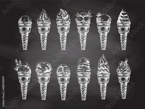 Hand-drawn sketch set of ice cream with different flavors in waffle cones on chalkboard background. Element for labels, packaging and postcards. Sweet food..
