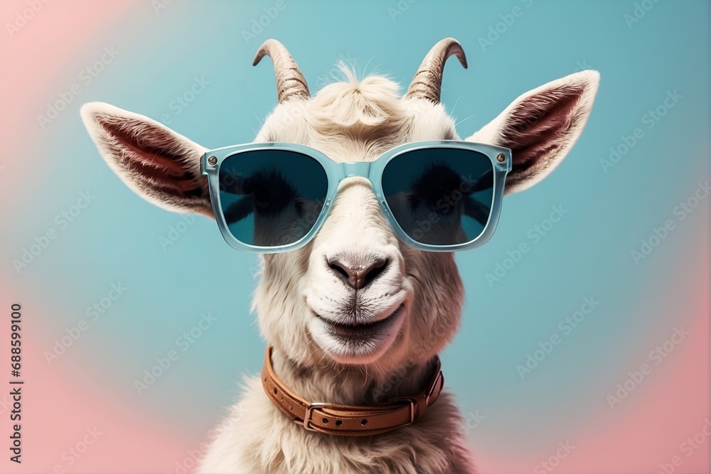 Funny and colorful goat with sunglasses and a colorful pastel background. Summer vacation concept
