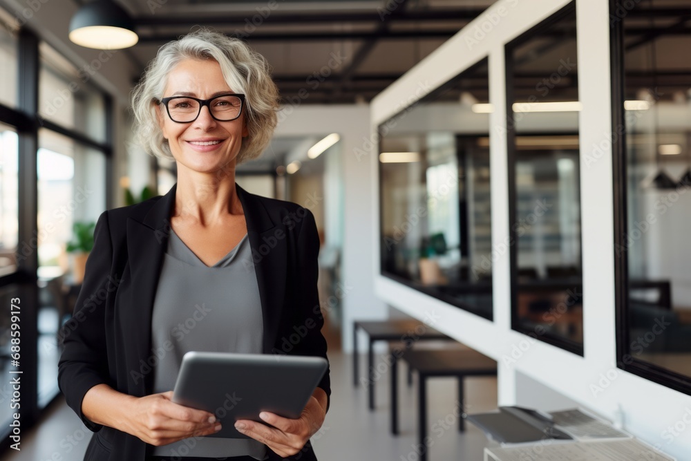 Portrait of middle age businesswoman standing with digital tablet at office. Business people. - obrazy, fototapety, plakaty 