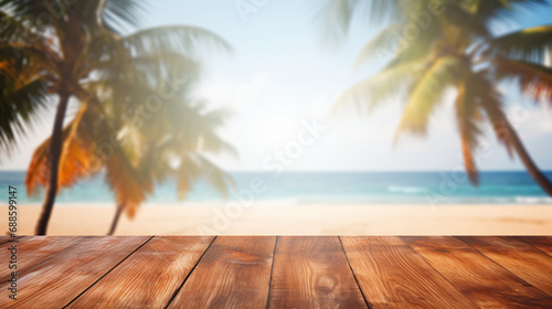 Wooden Table with Blurred Bokeh Holiday Travel Background