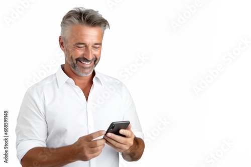 Happy caucasian young man using smart phone cellphone for calls, social media, mobile application online isolated in white background © Danko