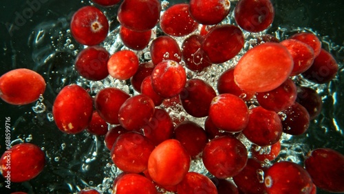 Bunch of Fresh Cranberries Dropped in Water.