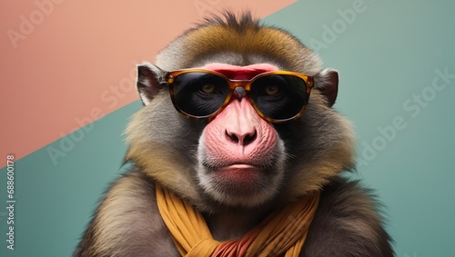 Funny and colorful monkey with sunglasses and a colorful pastel background. Summer vacation concept