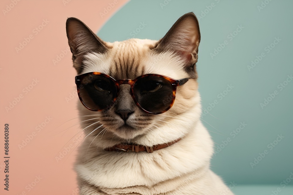 Close portrait of furry cat in fashion sunglasses. Funny pet on pastel background. Kitten in eyeglass. Fashion, style, cool animal concept with copy space