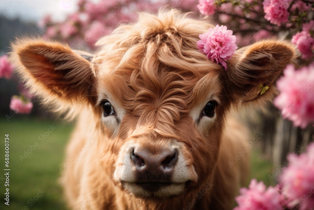 Cute baby highland cow, spring pink flowers on her head	
