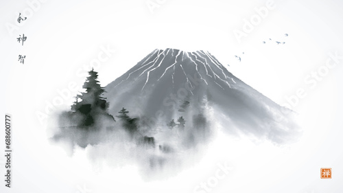 Ink wash painting of misty Fuji mountain with pine trees. Traditional Japanese ink wash painting sumi-e. Hieroglyphs - harmony, spirit, wisdom, well-being