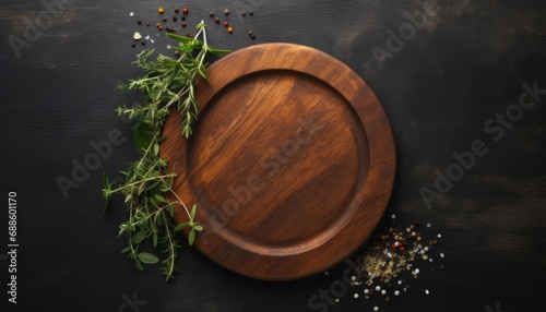 Top view empty wooden round board plate on black stone kitchen table  flat lay. Wooden pizza platter with copy space.