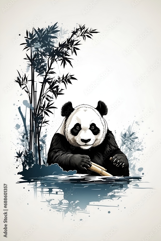 In the inky blackness of space, the silhouette of a lonely panda eating bamboo floating, graphic t-shirt vector, contour, white border background. In the inky blackness of space, the silhouette of a lonely panda eating bamboo floating, graphic t-shirt vector, contour, white border background.