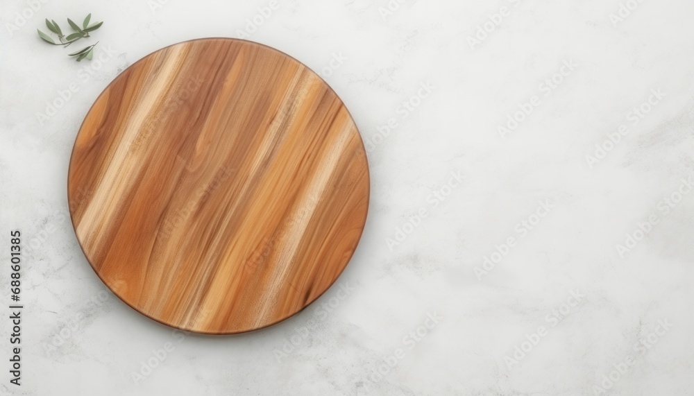 Top view empty wooden round board plate on white stone kitchen table, flat lay. Wooden pizza platter with copy space. Top view empty wooden round board plate on white stone kitchen table, flat lay. Wooden pizza platter with copy space.