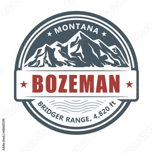 Bozeman, ski resort stamp, Utah bridger range emblem with snow covered mountains, vector