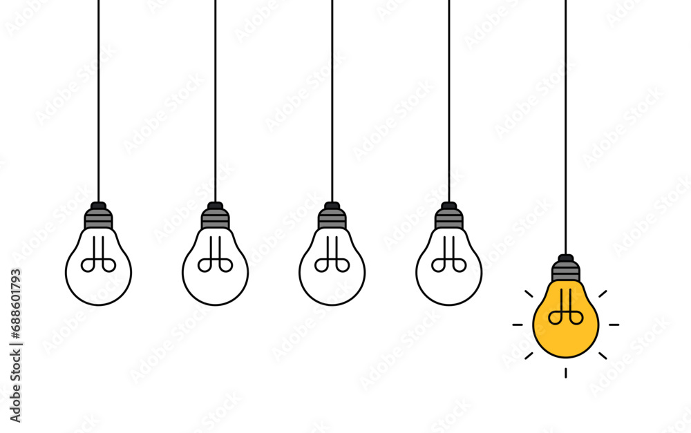 Hanging light bulbs with one glowing on white background. Concept of idea Hanging light bulbs with one glowing on white background. Concept of idea