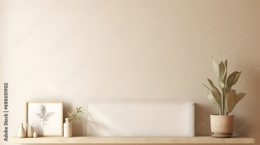 empty blank wall template with plant on the shelf mock up, in the style of light beige and gold, copy space, 16:9 empty blank wall template with plant on the shelf mock up, in the style of light beige and gold, copy space, 16:9