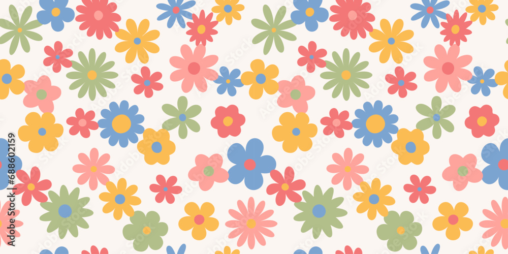 Trendy floral seamless pattern. Vintage 70s style hippie groovy flowers background. Colorful bright colors. Vector y2k nature backdrop with daisy flowers.