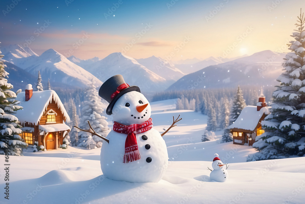 Obraz premium Snowman standing in Christmas landscape. A festive Christmas or snow background.