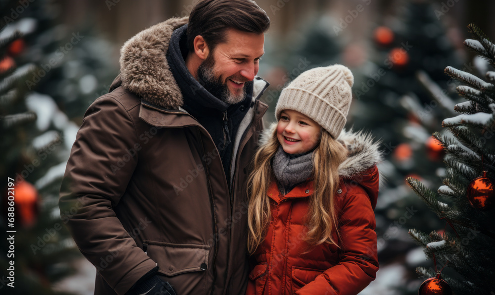 A father and daughter choosing a christmas tree at a Christmas tree farm in December A father and daughter choosing a christmas tree at a Christmas tree farm in December