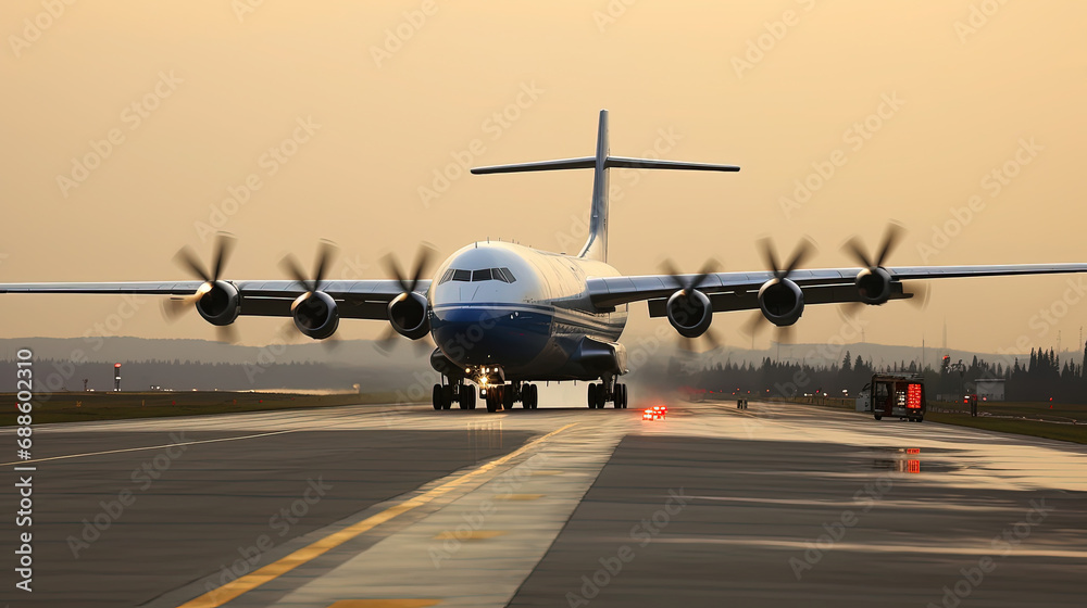Air Plane Take Off at Airport Runway Under Sky on Blurry Background