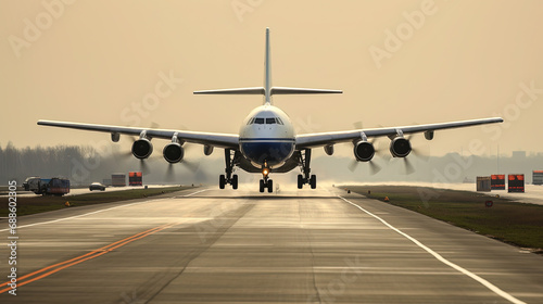 Air Plane Take Off at Airport Runway Under Sky on Blurry Background